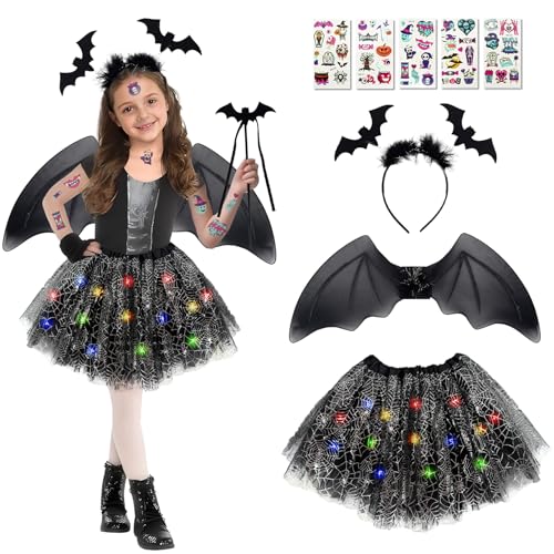 Gozuein Disfraz Murcielago Niña Carnaval – Set 5 Piezas con Tutú LED Luminoso, Alas, Varita, Diadema y Tatuaje, Disfraz Niña Carnaval para Cosplay y Fiestas 3–8 Años (Negro)