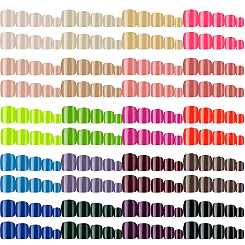 960 Pcs 40 Sets Fake Short Press on Toenails Artificial Square Glossy Toe Nails Glossy False Nail Full Cover Colorful Nail Tips for Christmas Thanksgiving Women Girls Salon Nail Art