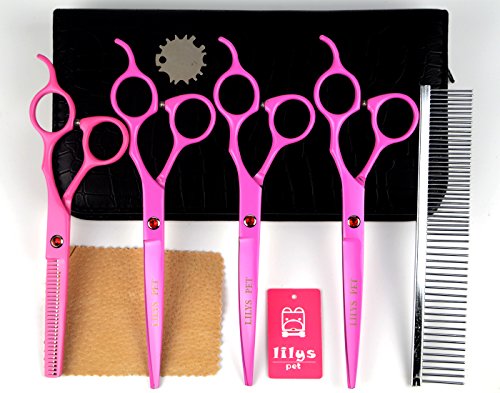 LILYS PET 7inch Professional PET Dog Grooming Scissors Suit Cutting&Curved&Thinning Shears (Pink)