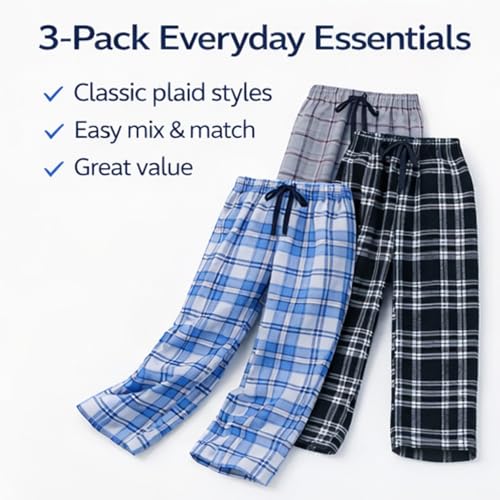 US Angels Boys Pajama Pants - 3 Pack, Boys' Sleepwear, Breathable and Soft PJ Pants, Pajama Bottoms for Teens, Youths, and Kids - Size 7 8 10-12 14-16