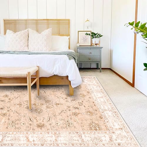 5x7 Washable Foldable Thin Area Rug Tangerine Vintage Rug Traditional Floor Cover Retro Indoor Distressed Non Slip Carpet Floral Print Bedroom Living Room Bathroom Mat