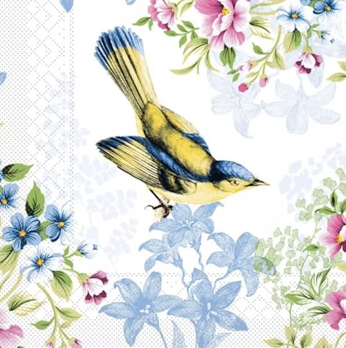 Set of 2 Individual Decoupage Paper Party Napkin Bird Floral Flowers Watercolor Decor Luncheon Napkins for a Birthday Holiday, Wedding, Cocktail Party