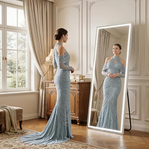 Image of Full Length Mirror with Lights, 71 inch x 26 inch LED Floor Mirrors, Full Body Dressing Standing Mirrors with Dimming & 3 Color Lighting, Hanging Mounted Mirror for Living Room Bedroom Cloakroom