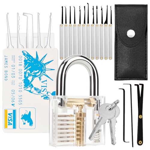 LURICO 20 Piezas ganzuas cerrajeria profesional, Lockpicking Set con 1 Cerraduras Transparentes, Herramientas de Tarjeta de Crédito, Llave Maestra para Abrir Puertas para Principiantes y Cerrajeros