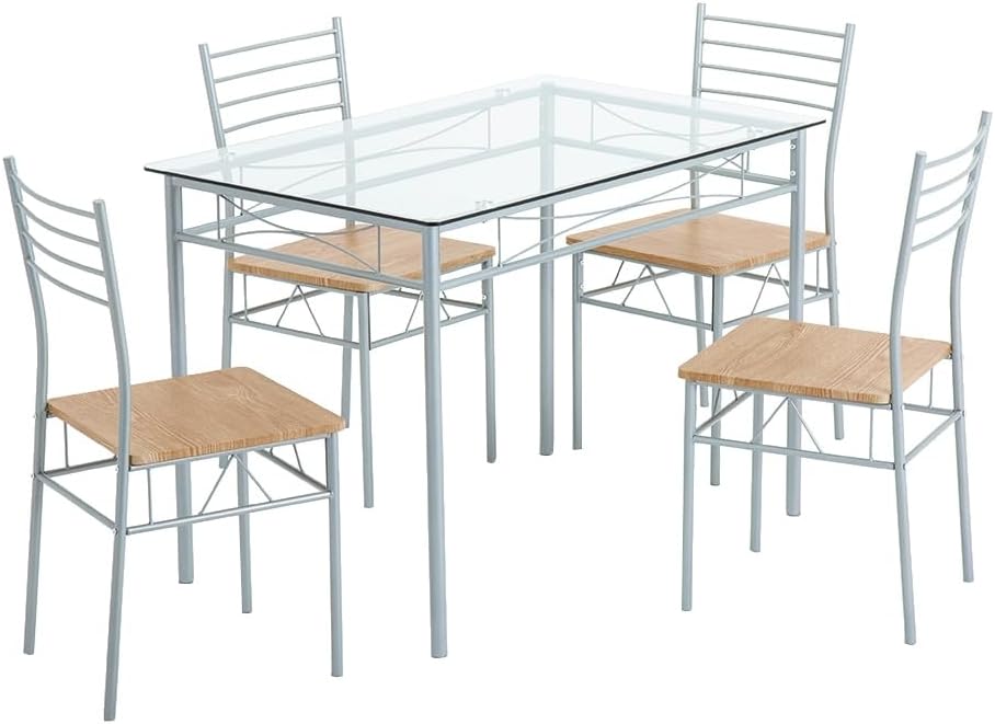 KEPOOMAN 5 Pieces Glass Dining Room Set Saving Space Kitchen Dining Table Set with 4 Chairs, Rectangular Breakfast Table Set for 4 Person Modern Wooden Kitchen Furniture Set, Silver