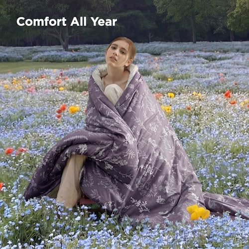 Image of Bedsure Grayish Purple Queen Comforter Set - Reversible Floral Bed Set, Soft Summer Lightweight Bedding for Bedroom, 1 Soft Botanical Flowers Comforter and 2 Pillow Shams