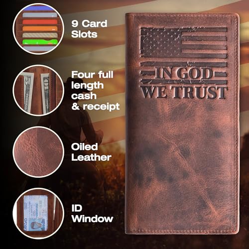 American Flag Long Wallet for Men - Western Wallet for Men with ‘IN GOD WE TRUST’ - Distressed Leather Long Bifold Checkbook Wallet with 9 Card Slots - Patriotic Gift (7 Inches)3