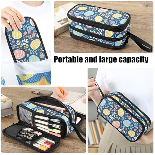Image of Fustylead Colorful Easter Eggs and Flower Large Pencil Pen Case Stationery Bag 3 Compartments School College Office Organizer