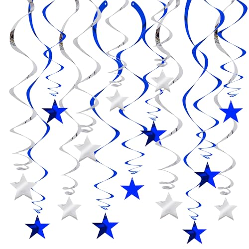Image of BEISHIDA Blue Silver Stars Hanging Swirls Bachelorette Graduation Hanging Ornament Decorations for Birthday Party Baby Shower Supplies Congrats Grade 2026 Graduation Decorations,Pack of 15