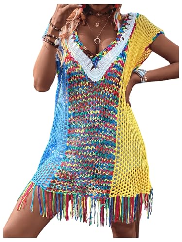 SHENHE Women's Fringe Hem Color Block Knitted Crochet Swim Coverup Sheer Beach Dress3