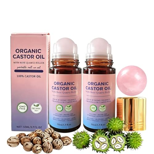 Image of 2 Pcs Organic Castor Oil with Rose Quartz Roller, 100% Castor Oil Organic Cold Pressed for Hair, Face & Body Skin Moisturizing Care, Hexane-Free.