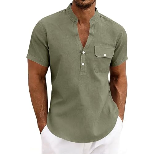 Mens Casual Half Down Linen Shirts Short Sleeve Vacation Beach Shirt Lightweight Dress Blouse Tops with Pockets (Army Green,Medium)