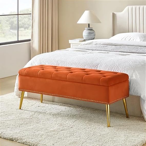 Image of Modern Velvet Storage Ottoman with Gold Base Button 2 Seater | Upholstered Long Ottoman for Bedroom, Living Room, Entryway & Sofa Upholstered | Comfortable Padded Accent Furniture | Orange