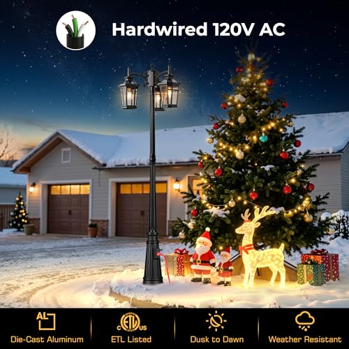 Image of Dusk to Dawn Outdoor Lamp Post Light with Outlet, Black 3-Head | Photocell Sensor, Extra Waterproof Outlet, Hardwired 120V AC, 100% Aluminum Street Light, For Patio, Yard, Walkway, Garage