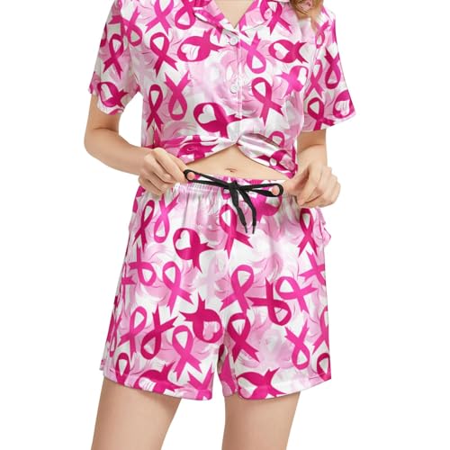 Image of Funny Satin Pajamas Set for Women Button Down Sleepwear Print Pjs Set 2 Piece Short Sleeve Loungewear Gift for Women