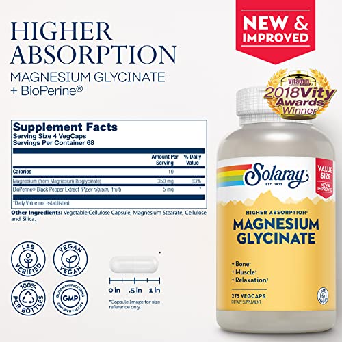 Solaray Magnesium Glycinate, New & Improved Fully Chelated Bisglycinate With Bioperine, High Absorption Formula, Stress, Bones, Muscle & Relaxation Support, 60 Day Guarantee, 68 Servings, 275 Vegcaps #TOP1