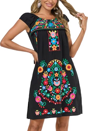 YZXDORWJ Women Mexican Embroidered Dress Casual Loose Bohemian Floral Dress Short Sleeve Long Maxi Summer Beach Swing Dress3