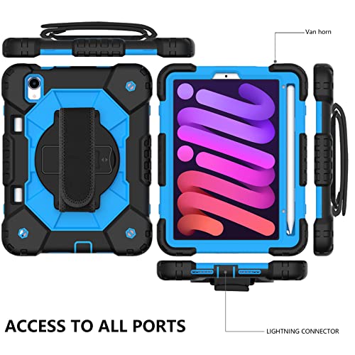 Bspring iPad Mini 6 Case (6th Generation 8.3 inch) 2021 with Pencil Holder 360 Stand Hand Strap Kids Shockproof Heavy Duty Rugged Cover for iPad Mini 6th Generation,Black+Blue - Image 4