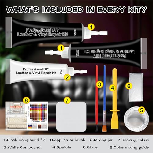 WYCOON Black Leather & Vinyl Repair Kit, Fix Fading, Tears, Scratches, and Peeling on Leather and Vinyl Furniture, Car Seats, and Jackets, Easy Instruction with Color Mixing Guide - Thumbnail 2