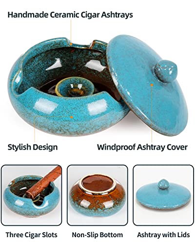 Ceramic Ashtray with Lids Cigar Accessories Outdoor Windproof Ashtrays for Cigarettes Ash Tray Gift for Men Dad Husband Boyfriend Home Ashtrays for Patio, Indoor, Outside, Office Decoration (Blue) - Image 4