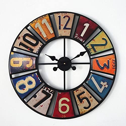 24 Inch Round Wall Clock, Silent Battery Operated Wall Clocks with Large Numbers, Vintage License Plate Clock for Living Room Home Bedroom Office