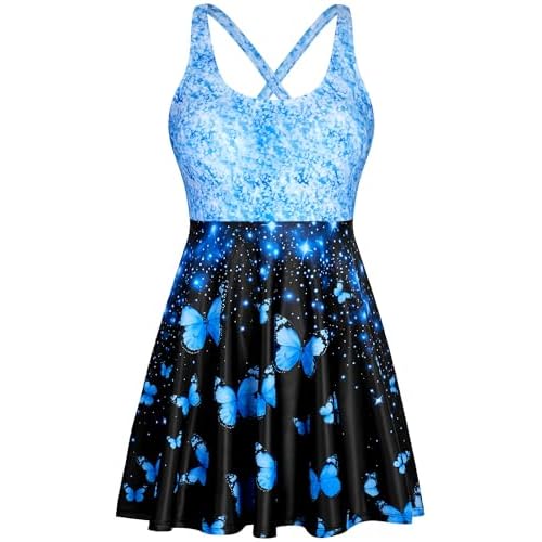 HUSKARY One Piece Swim Dress for Women Swimsuits 2026 Tummy Control Adjustable Strap Modest Cute Bathing Suit 16 Plus Butterfly Gradient