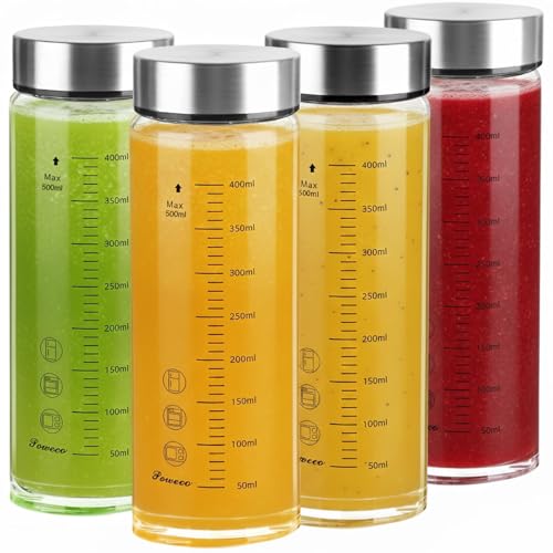 poweco Glass Juice Bottles 4 Pack 16 oz - Wide Mouth Glass Water Bottles with Lids - for Juicing Protein Smoothie Milk Reusable BPA Free Stainless Steel Lids Blender Shaker Bottle (500ml)