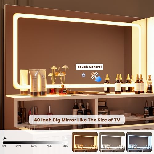 HAIOOU Fluted Vanity Desk with Mirror and Lights,48\" Large Makeup Vanity Desk with Charging Station,Dressing Table with 4 Drawers & 3 Open Storage Shelves, Glass Top for Bedroom, White - Thumbnail 6