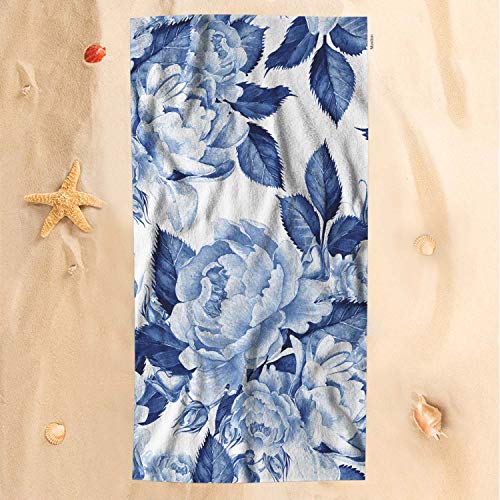 Moslion Floral Bath Towel Watercolor Blue Ink Peony Flowers Botanical Plant Leaf Roses Towel Soft Microfiber Baby Hand Beach Towel For Kids Bathroom 32X64 Inch #TOP1