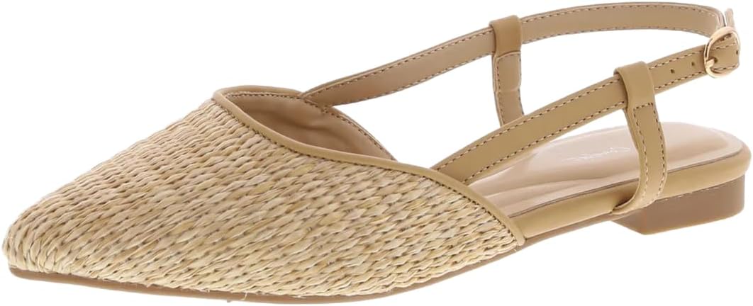 TruFox Women's Slingback Flats Raffia Dress Shoe Comfort Foam Padded Ballet Flats Strap Low Heel