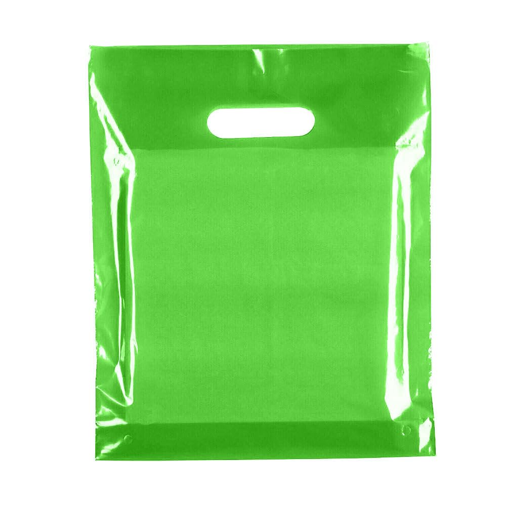 Tezraftaar® 200 x Patch Handle Carrier Bags 15" x 18" x 3" Green Reusable Plastic Shopping Takeaway Cloths Carry Bag