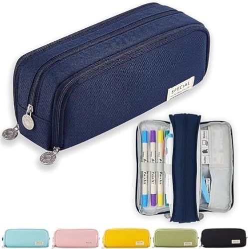 Image of WORSHIPER Big Capacity Pencil Pen Case Bag with Zipper Office College School Storage Large Capacity Bag Pouch Holder Box Organizer Colorful (Special - Dark Blue)