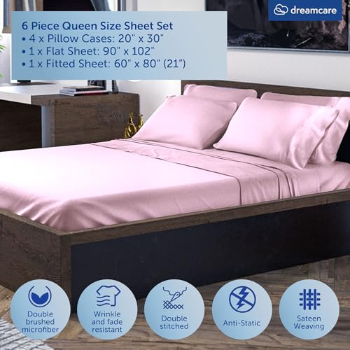 Image of DREAMCARE Queen Sheets - 6 pcs Breathable Cooling Sheets Queen - up to 21 inch | Extra Deep Pocket Queen Sheets Set with Side Pockets - Extra Soft - Queen Sheet Set - Hotel Luxury Queen Bed Sheets - Pink