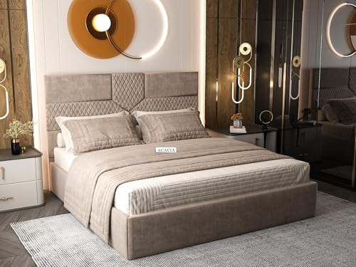Image of Acacia Modern Upholstered Queen Size Bed with Box Storage for Bedroom | Wooden Double Bed with Storage | Platform Cot Bed with Upholstery Premium Fabric | 6.5 x 5 Ft | Sheesham Wood (Mocha Brown)