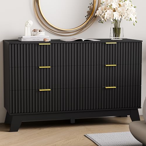 Image of HUANLEGO 6 Drawer Dresser for Bedroom, Black Fluted Dressers Chest of Drawers with Gold Handle, Wood Mid Century Modern Dressers for Closet, Bedroom Dresser Storage Organizer for Living Room, Hallway