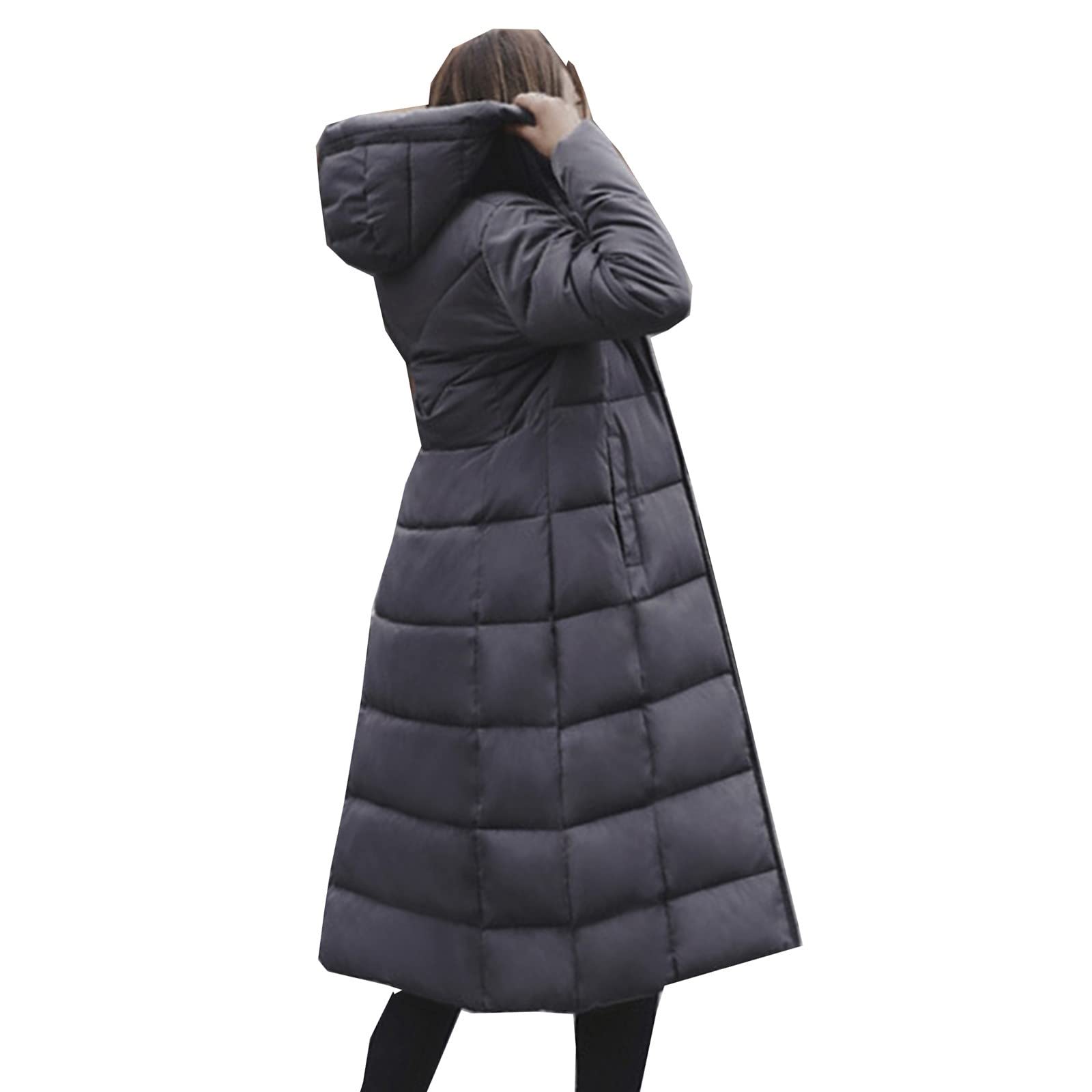 Abrigo de plumón para mujer, largo y ligero, con capucha, abrigo de invierno cálido con cremallera, abrigo acolchado con bolsillo, chaqueta de entretiempo, monocolor, chaqueta acolchada
