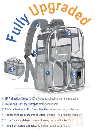Image of Heavy Duty Clear Backpack For School, 17 Inch Large Clear Bookbag For Kids Boys Girls Women Men, 360 3M Reflective Strips See Through Backpack, Multi-Pockets Tranparent Bag, College Work, Grey
