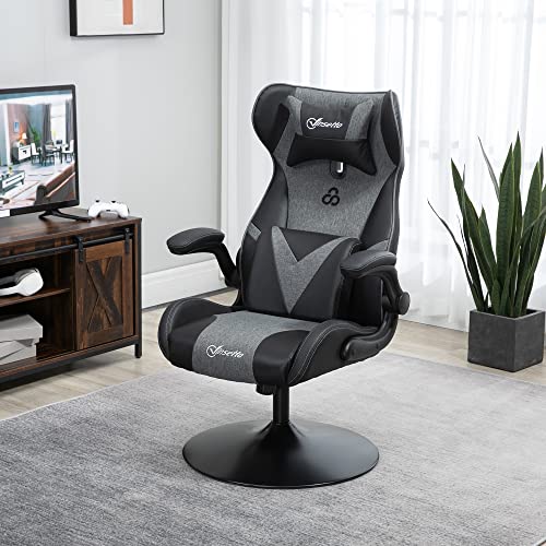Sedia da gaming ergonomica con base rotonda altezza regolabile bracciolo sollevabile cuscini paraorecchie e lombari PU grigio nero - Sedia gaming - Immagine 1