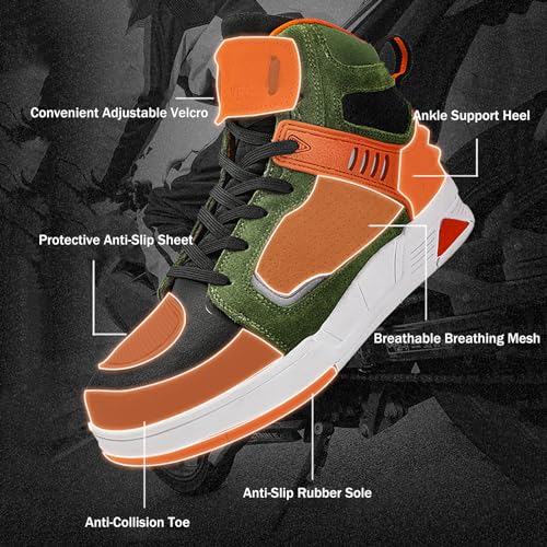 PLABNK Chaussures De Moto Mi-hautes (37-45), Bottes De Sport Décontractées Respirantes/en Cuir, Réfléchissantes La Nuit + Talon Épais + Antidérapant, Fermeture Éclair Intérieure,44,Green – vue 8