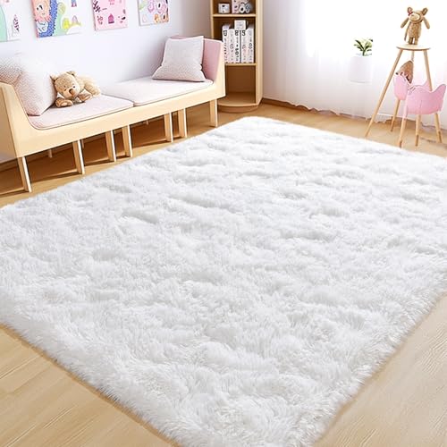 5x7 Rugs for Living Room - 1.4" Height Pile Plush Rug for Dorm - Soft Non-Slip Fluffy Throw Carpet Bedroom White