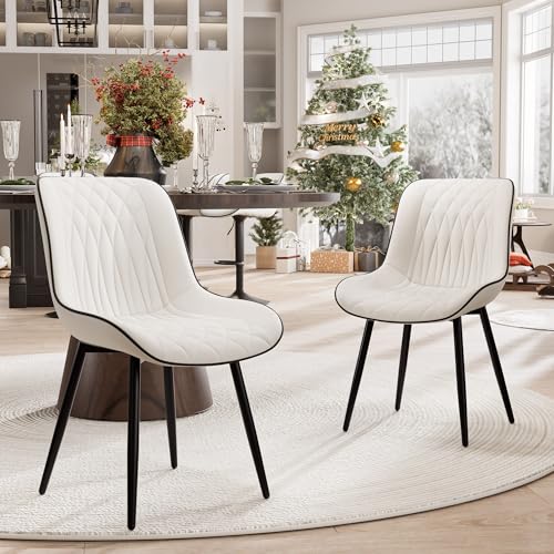 YOUNIKE White Dining Chairs Set of 2 with High Backs Mid Century Modern Kitchen Dining Room Chair Faux Leather Upholstered Comfortable Large Padded Accent Side Chair Metal Legs sillas de comedor