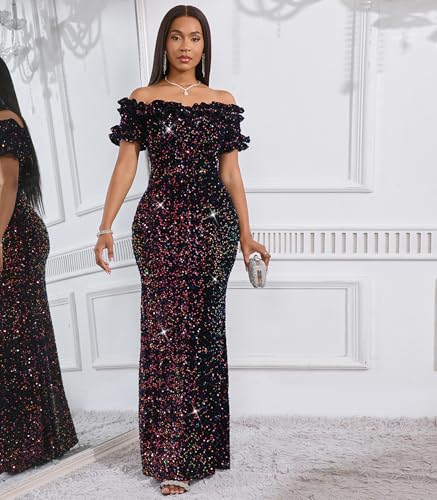 Image of dasmzper Women Sexy Sequin Off Shoulder Ruffle Short Sleeve Bodycon Mermaid Party Formal Evening Maxi Dress