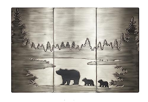 Handmade Stainless Steel Kitchen Backsplash Tiles - Mom Bear and Two Small Cubs by The Lake - 29,53 x 19,68 Set of 3 Decorative Metal Tiles for Premium Wall Decor, Mural Artwork, and More