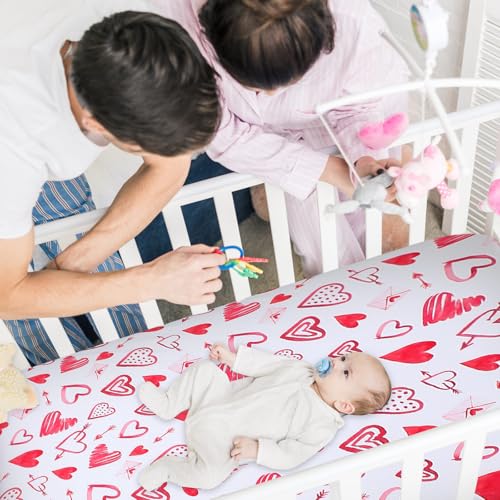 Image of FuWeave 4 Pcs Valentines Day Crib Sheets for Baby Boys Girls - 52'' x 28'' Love Heart Soft Breathable Fitted Sheet Set for Standard Crib and Toddler Mattresses