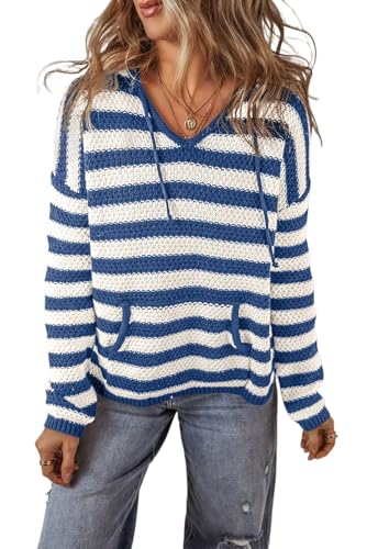 Women's Blue Stripe V Neck Drawstring Hooded Sweater with Kangaroo Pocket