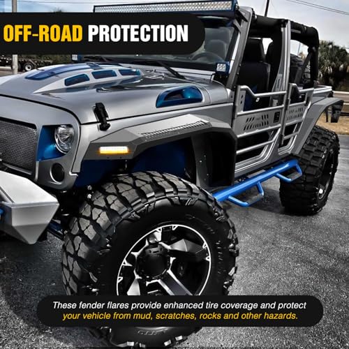 Image of Nilight JK Wide Flat Front & Rear Fender Flares Fit for 2007 - 2018 Jeep Wrangler JK 2Door (Not fit 4 Door) 4Pcs Off-Road Wheel Fenders Mud Guards w /LED Lights Turn Signal Lights DRL, heavy-duty steel