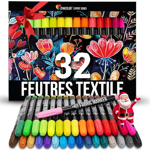 Zenacolor 32 Feutre Textile Permanent - Pour Différents Tissus - Marqueur Textile Permanent, Indélébile et Non Toxique - Pour Enfant et Adulte