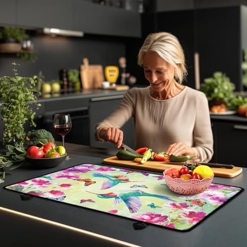 Image of Poceacles Stove Cover for Cooktop, Electric Stovetop Protector Cover Non-skid Multipurpose Induction Electric Stove Burner Mat Easy to Clean, Hummingbird Floral Butterfly Green