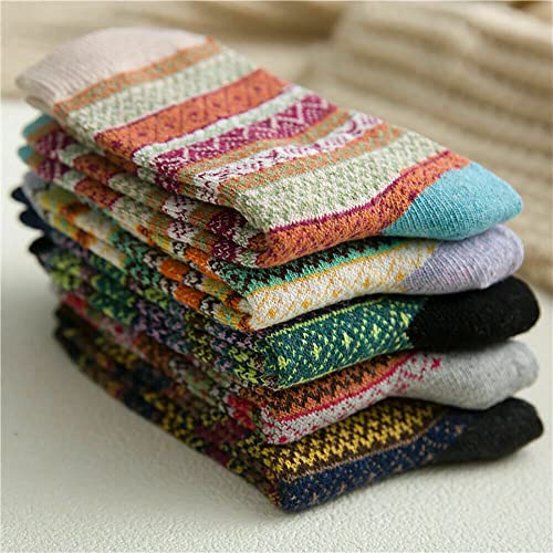 Image of 5 Pack Women's Wool Socks Warm Soft Thick Knit Vintage Style Socks Casual Retro Ladies Thermal Winter Socks Christmas Gift Socks for Women Free Size (Multicolor-001)