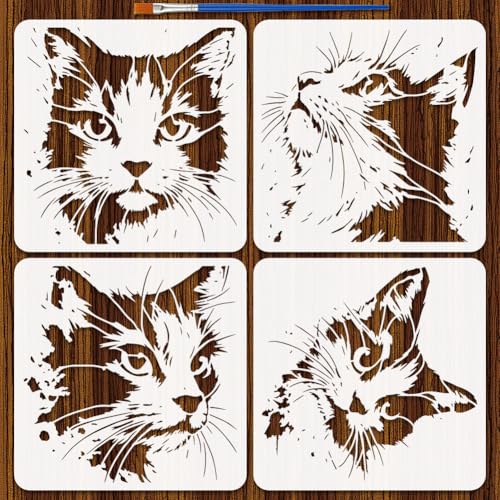 FINGERINSPIRE 4 Styles Pochoirs Motif Tête Chat Avec Un Pinceau 30x30cm Pochoirs de Peinture Visage de Chat Abstrait Pochoir Graffiti Chats Pet Modèle à Thème Animal...
